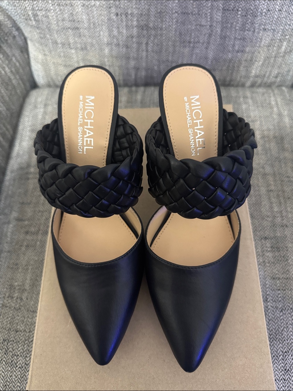 Michael Shannon Black Braided-Strap Pointed-Toe Mules